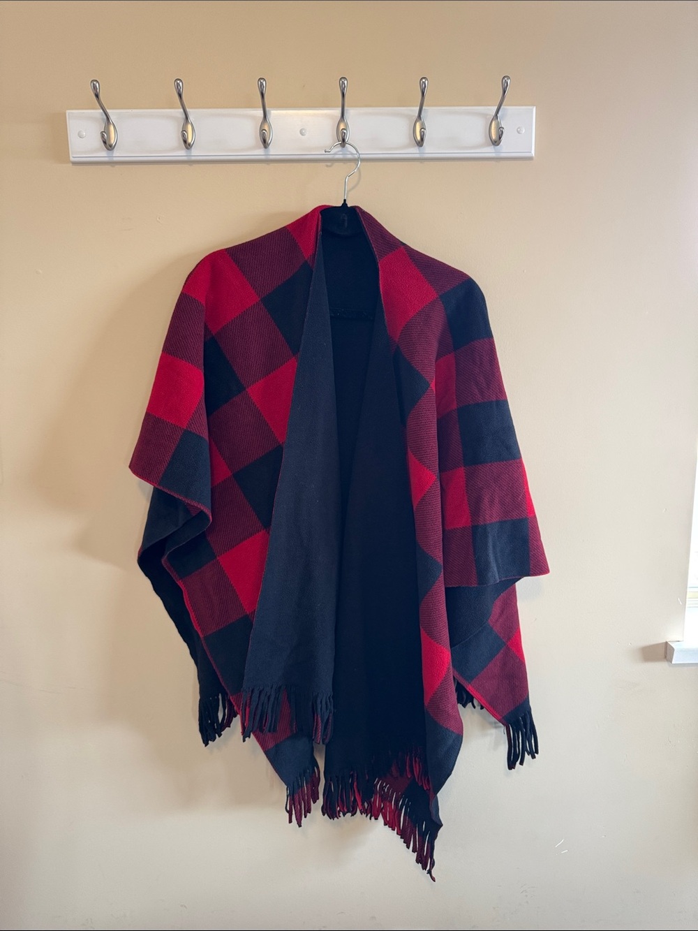 Red and Black Plaid Fringe Cape